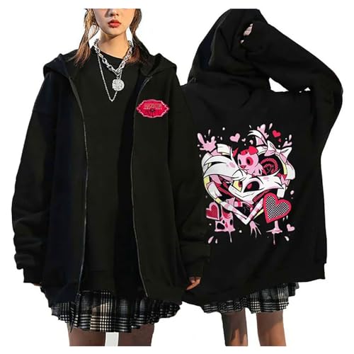 TJOS Hazbin Hotel - Camisola com capuz e forro polar com fecho de correr e estampado animado na cor preta, roupa casual unissexo de manga comprida, Preto - 2, Unissexo médio