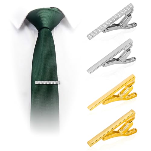 Roctee 4Pcs Tie Clips For Men Skinny Ties, Men's Tie Bars Set For Slim Ties, Silver Gold Clip Tie For Short Neckties, Classic Men's Tie Clasp Accessories (Short Tie Clip)