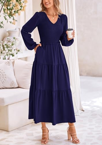 Image of PRETTYGARDEN Fall Dresses for Women 2025 Casual Long Sleeve V Neck Smocked A Line Long Flowy Wedding Guest Dress (Navy,Medium)