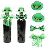 St. Patrick's Day Wine Bottle Cover Decoration Set, 4 Pcs Mini Clover Green Hats Glitter Lace Bowknot Tie Wine Toppers Bottle Caps for Irish Home Party Table Decor