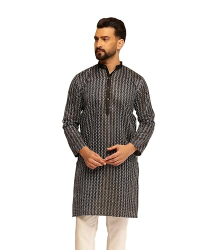 Image of SOJANYA (Since 1958 Men's Silk Blend Long Kurta with Subtle White Detailing | Traditional Ethnic Wear for Navratri
