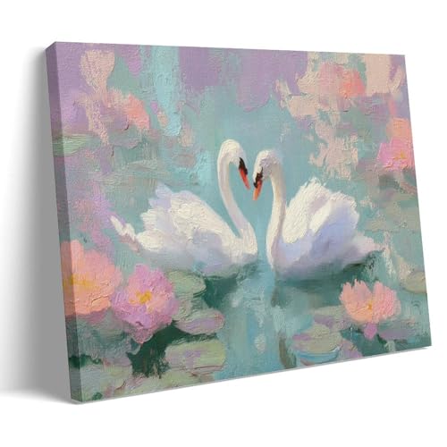 Pastel Swan in A Pond Oil Painting Print Soft Pastel Wall Art Pink And Green Decor Girly Office Painting 12x18inch(30x45cm) Frame-style