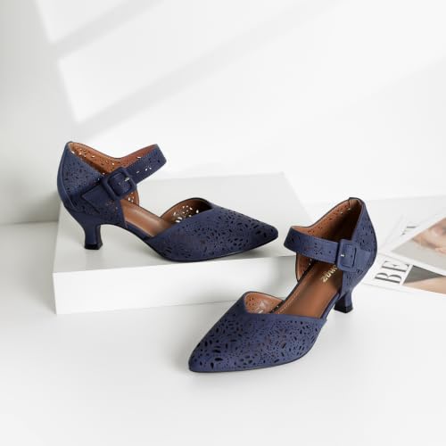 Image of RIBONGZ Comfortable Kitten Heels for Women Pointed Closed Toe Ankle Strap Buckle Heels Slip on Low Heel Church Pumps Wedding Bridal Party Dressy Shoes