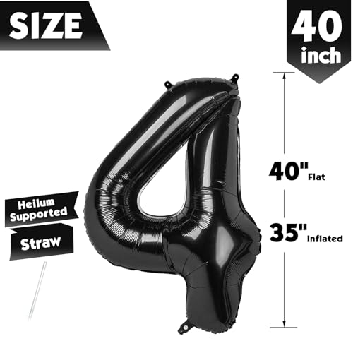 Image of 40 Inch Black Number 4 Balloon Birthday Party Decorations for Men & Women | 40 Inch Black inflatable foil number balloons, large birthday decorations for 4th birthday