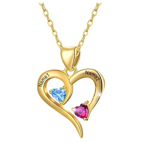 💖Valentine's Gift💖Madeone Personalized Mother’s Name Necklace with 2 Birthstones and 2 Names Engraving Pendant 925 Sterling Silver 14K Gold Plated Necklace Meaningful Necklace with Customized Heart Pendant for Women (Gold) Cover