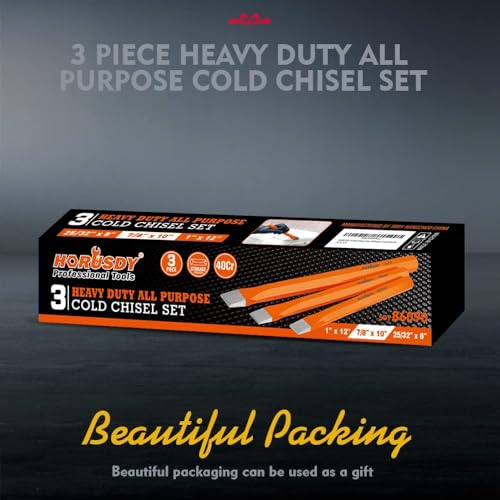Image of HORUSDY 3-Pieces Heavy Duty Cold Chisels Set, Long 8 inch, 10 inch, 12 inch, with Roll Pouch, 1 in, 7 /8 in, 25 /32 in