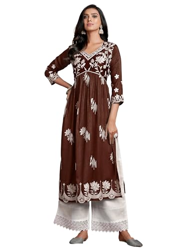 Image of EthnicJunction Women's Silk Blend Regular Fit Chikankari Embroidered Naira Cut Kurta