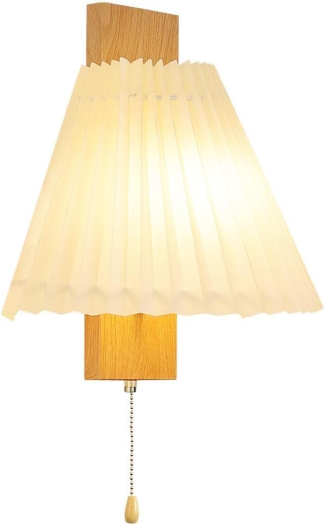 Nordic Creative Wall Light Bedside Bedroom Wall Mounted Sconces with Pull Cord Switch Hardwired Light Log Style Pleated Fabric Shade Wall Lamp Night Lamp Fixture for Living Room Loft