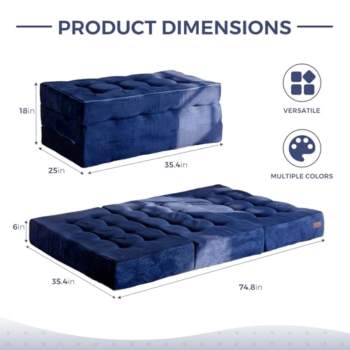 Image of MAXYOYO Tri-Fold Mattress, 6 Inches Tufted Folding Futon Foam Bed, Foldable Floor Mattress Guest Bed Futon Topper Portable Camping Sleeping with Corded Fabric, Navy, Twin