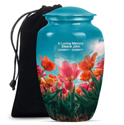 Image of Personalized Tulip - Human Cremation Urn - Funeral Urn for Mom & Dad - 10 Inch - Large with Velvet Bag - Unique Urn for Human Ashes - Decorative Urn - Burial Urns - Ashes Urns Human Remains
