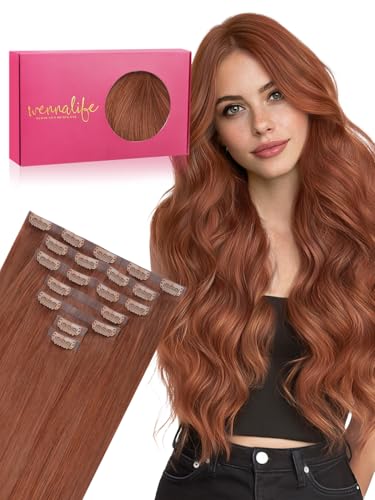 WENNALIFE Seamless Clip in Hair Extensions Real Human Hair, 18 Inch 110g Cinnamon Copper Invisible PU Skin Weft, Natural Thick Real Hair Clip Ins for Women, Soft Blendable &amp; Reusable Remy Hair