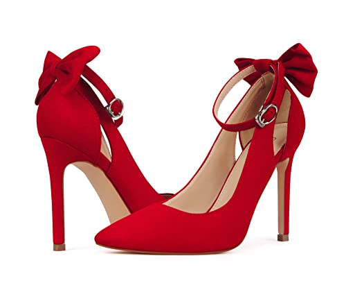 Womens High Heels Bow Tie Back Lace Strappy High Heels Wedding Dress Shoes Sexy Close Toe Stiletto Sandals Heels Ankle Strap D'Orsay Pumps, Belle-Red-9