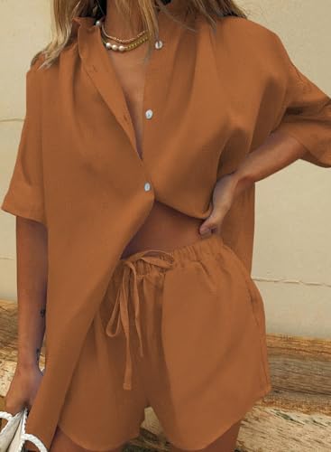 Image of Fixmatti Women 2 Piece Outfits Long Sleeve Button Down Blouse and Shorts Sweatsuit Sets