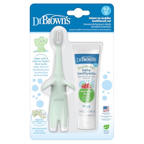 Image of Dr. Brown's Infant-to-Toddler Training Toothbrush Set, Mint Elephant with Fluoride-Free Strawberry Baby Toothpaste, 0-3 Years (Styles May Vary)