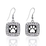 Inspired Silver - Black and White Paw Print Charm Earrings for Women - Silver Square Charm French...