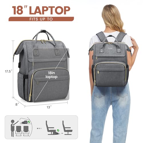 Image of LOVEVOOK Laptop Backpack for Women,18 Inch Professional Womens Travel Backpack Purse Computer Laptop Bag Nurse Teacher Backpack,Waterproof College Work Bags Carry on Back Pack with USB Port,Grey