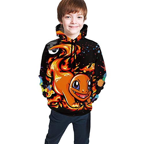 Fire Charizard Charmander Youth Hoodies 3D Print Sweater Pullover Hooded Sweatshirts for Boys Girls 10-12 Years 7-16 Years Black
