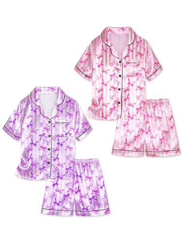 Vopawetty Satin Pajamas for Girls 4-Piece Short Sleeve Button Down Silky PJ Set Pink - Purple Stripe Bow 13 Years