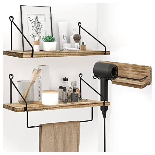 Estanteria Pared de Madera con Toallero y Secador de Pelo, Estante Flotante Juego de 3 con Metal, Organizador Colgante y Decoracion de Hogar, Cocina, Salon, Baño, Oficina Dormitorio