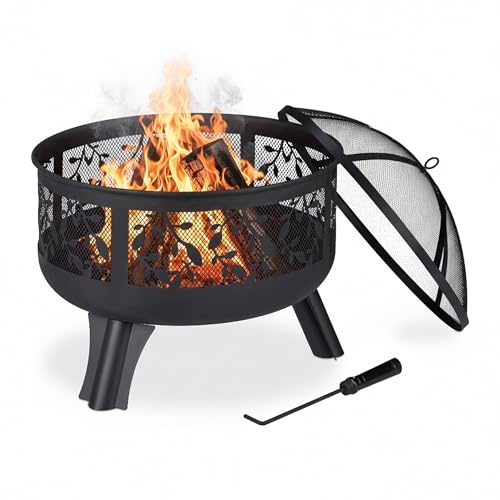 Relaxdays Brasero avec Protection étincelles, Jardin et terrasse, avec tisonnier, Foyer extérieur, HxD 60 x 60 cm, Noir