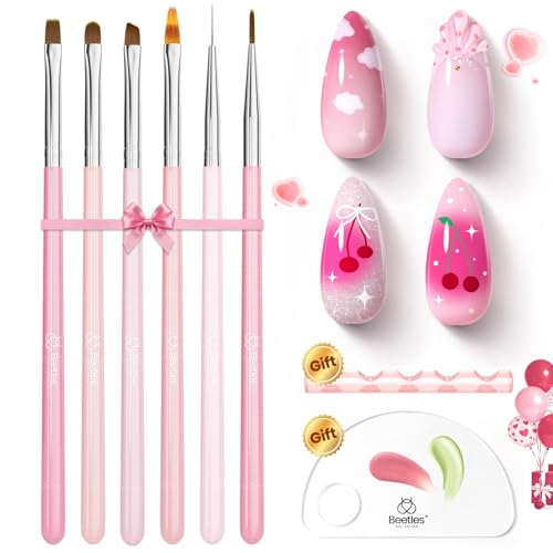 Image of Beetles Nail Art Brushes, 6 Pcs Fingernail Art Design Pens, Pink Handle French Tip Ombre Clean Up Nail Brush Set for Gel Polish with Palette DIY Manicure Tools Gift for Women