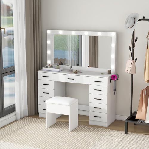 Panana Makeup Table Set with 11 Drawers, Vanity Desk with Large Mirror and Lights, Dressing Table with Storage Cushioned Stool, Power Outlet, 3 Lighting Modes for Bedroom Dressing Room (White) - Cosy Home Interiors Panana Makeup Table Set with 11 Drawers, Vanity Desk with Large Mirror and Lights, Dressing Table with Storage Cushioned Stool, Power Outlet, 3 Lighting Modes for Bedroom Dressing Room (White) - Image 3