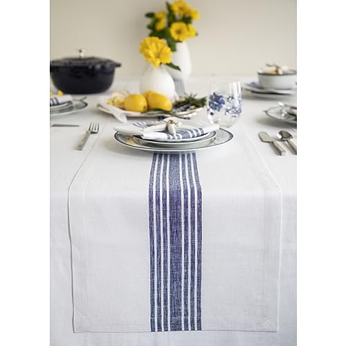 Solino Home Linen Table Runner 90 Inches Long - 100% Pure Linen Navy and White Farmhouse Table Runner 14 x 90 Inch for Dining, Fall, Autumn, Thanksgiving, Holiday