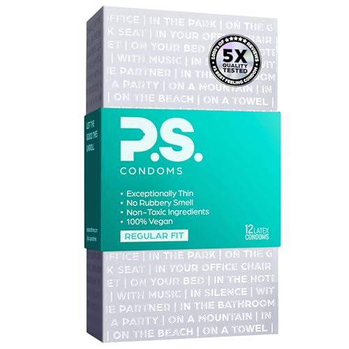 PS Condoms Exceptionally Thin Latex Condoms for Men - Odorless and 100% Vegan - Ultra Thin Lubricated Condom - 40% Thinner and Transparent - 12 Pack