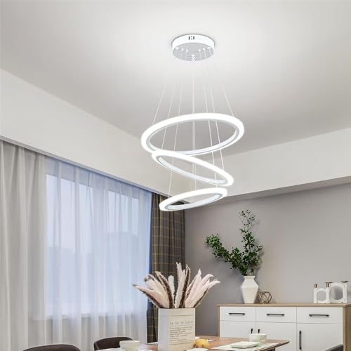 Image of Manraj Modern LED Chandelier, Acrylic 3-Ring Design, Ring Flush Mount Chandelier with Adjustable Hanging Cord Pendant Light Fixture, for Dining Living Room Bedroom (White)