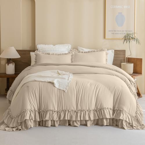 Image of Queen's House Ruffled King Size Comforter Set,Linen Feel Textured Farmhouse Lightweight Fluffy Boho Chic Bedding Comforter,Ultra Soft Microfiber Inner Fill Bedding