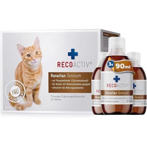 RECOACTIV® Renaltan Tonicum für Katzen mit Phosphatbinder, 3 x 90 ml, Nahrungsmittelergänzung für nierenkranke Katzen, Stärkungsmittel zur Rekonvaleszenz bei Niereninsuffizienz der Katze