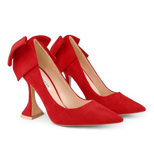 Image of Zzheels Women's Bow Heels Pointed Toe Chunky Pumps | Back Bow, Flare Heels, Block Heels, Bridal Wedding Shoes