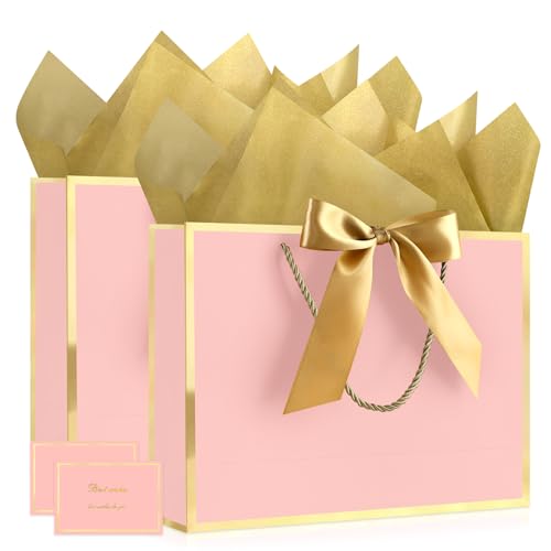 Image of JMANNI Gift Bags with Handles, 11 inch Small Gift Bags with Tissue Paper | 2 Pcs Pink Bags, 4 Tissue Paper and 2 Cards, for Baby Shower, Wedding Bridal Shower, Birthday Party