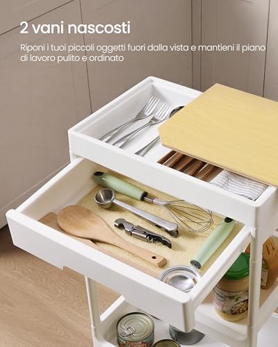 SONGMICS Carrello a 3 Ripiani, Carrello Scaffale da Cucina con Ruote, con Ripiano Rimovibile e Cassetto, in Plastica, Facile da Montare, Bianco e Rovere Dorato BSC069W101 - Immagine 2