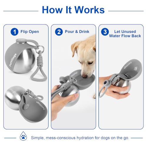 Image of 2-in-1 Dog Water Bottle with Foldable Bowl, Portable Leak-Proof Pet Travel Water Dispenser, Stainless Steel Dog Hydration Bottle for Walking, Hiking, Small Dogs & Puppies, Gray 10oz