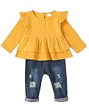 12-18 Months Girl Clothes 2PCS Ruffle Long Sleeve Shirt Denim Ripped Jeans Cute Fall Winter Clothes Outfits For Girls 12-18 Months Yellow