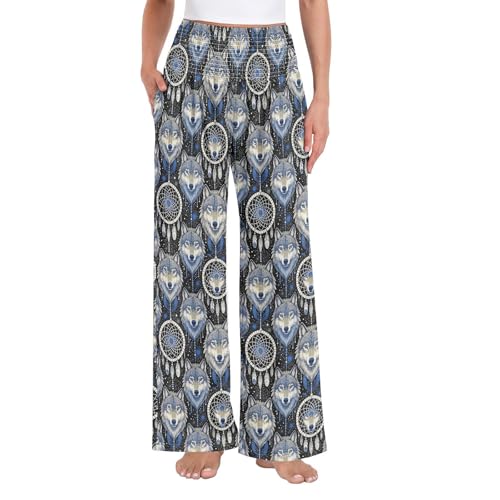 Pantalon palazzo taille haute extensible avec poches imprimé indien loup