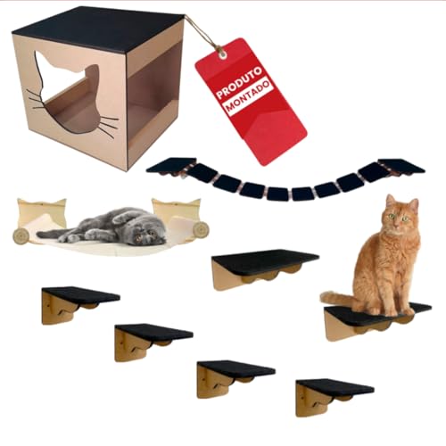Kit Playground 9 peças Mdf Para Gato Degrau Ponte Nicho Rede madeira Pinus
