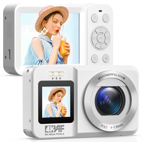 CAMWORLD Cámara Digital 4K de 64 MP con nfoque Automático, Cámara de Fotos con Tarjeta SD de 32 GB, Pantalla Dual Frontal y Trasera, Zoom Digital de 2,8' y 18x, Adecuada para Principiantes Blanco
