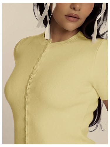 MakeMeChic Women's Lightweight Crew Neck Button Down Cardigan Sweater Short Sleeve Crop Outerwear4