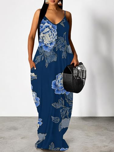 Image of Women Spaghetti Strap Maxi Dress with Pockets | Soft fabric relaxed fit sleeveless v neck with pockets for party and daily wear