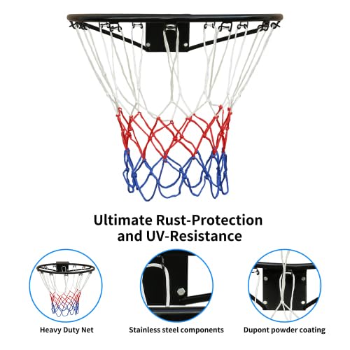 Canestro da basket da 45 cm, anello di ricambio per montaggio a parete, set di canestro da basket resistente alle intemperie, con rete, fissaggio a parete, per adulti e bambini, nero verniciato a