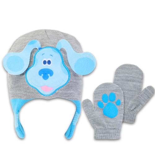 Image of Blues Clues Hat and Gloves Set for Toddlers - Dress Up Bundle With Knit Beanie, Mittens, and Stickers | Winter Clothes, Accessories