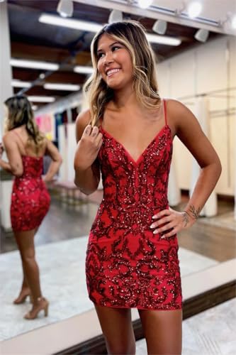 Sequin Homecoming Dresses for Teens Spaghetti Strap Lace Cocktail Dress V Neck Bodycon Short Prom Gown HO0052