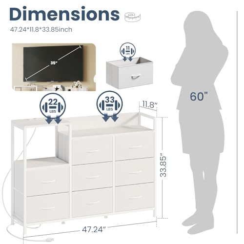 Image of DUMOS TV Stand Dresser with 8 Fabric Drawers & 1 Open Shelf, TV Stand with Wooden Top, Entertainment Center with Charging Station for Living Room, Hallway, White