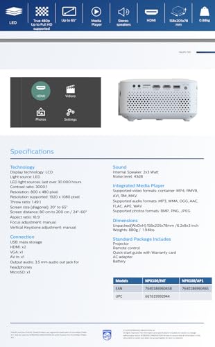 Philips NeoPix 100, vidéoprojecteur Fixe, écran de 65" (165 cm), LED, Haut-parleurs stéréo Hi-FI intégrés, connectivité USB, HDMI et câble Jack 3,5 mm, Compact, Blanc