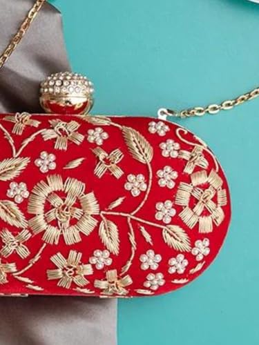 Image of THE TAN CLAN Hand Embroidered Luxury Clutch Purse for Women | Evening Hand Clutch Bag | Ladies Party Wedding Purse with Chain Strap | Ethnic Woman Handbag Gift for Birthday, Anniversary