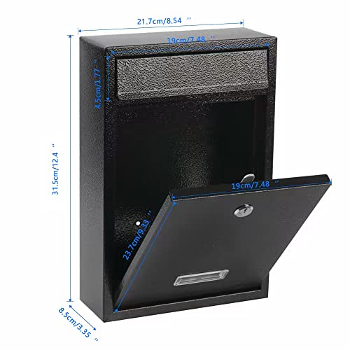 Kyodoled Key Lock Mail Boxes Outdoor,Locking Wall Mount Mailbox,Security Key Drop Box,12.4Hx 8.54Lx 3.35W Inches,Black Large #TOP2