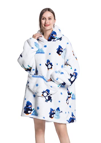 GXIN Surdimensionné Sweat à Capuche Couverture, Ultra Doux Flanelle Fleece Chaleur Wearable Couverture à Capuche Sweatshirt, Taille Unique pour Les Adultes, Hommes et Femmes (Pingouin) Cover