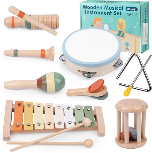 Baby Musical Instruments Set, Montessori Wooden Toys for Toddlers 3+, Neutral Colors Percussion Instruments with Xylophone, Maracas & Tambourine for...